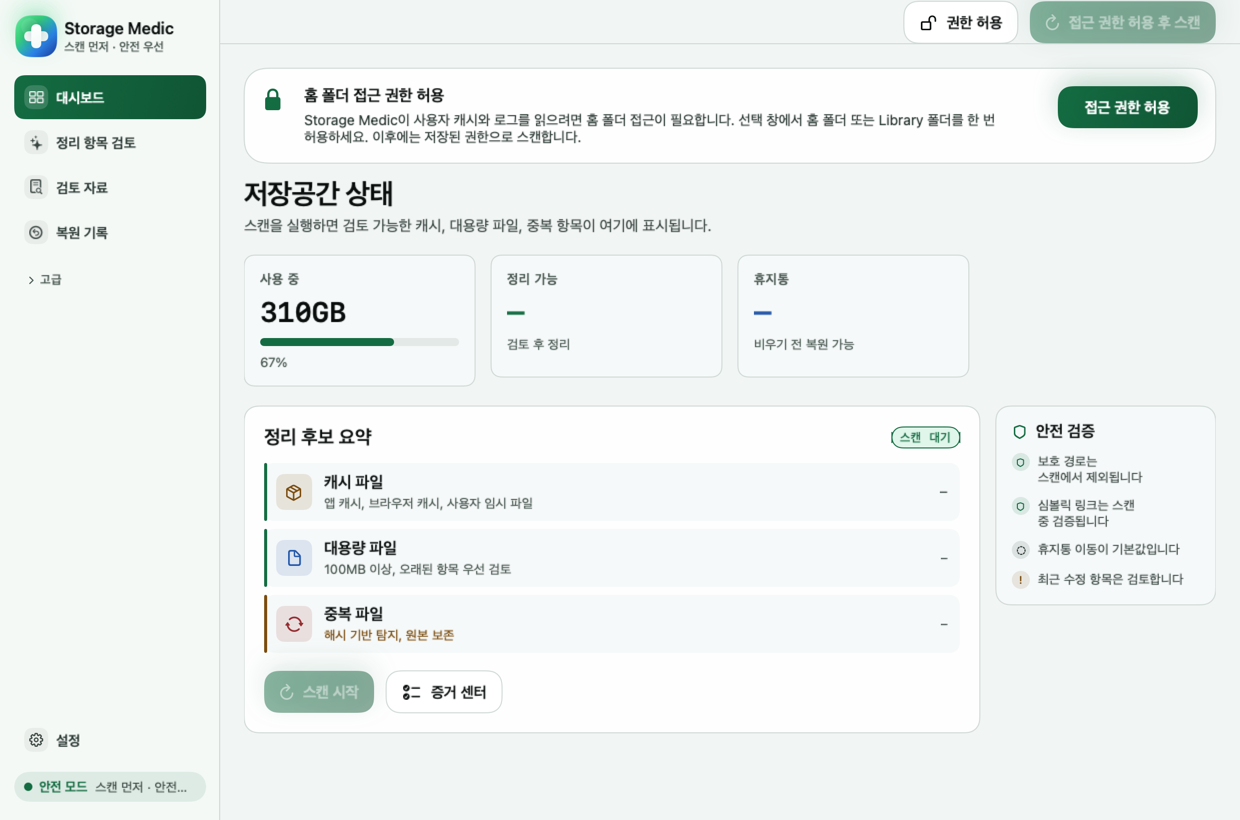 Storage Medic의 실제 메인 대시보드 화면. 홈 폴더 접근 권한 안내, 저장공간 상태, 정리 후보 요약, 안전 검증 카드가 보입니다.